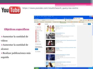https://www.youtube.com/results?search_query=las+oreiro
Objetivos específicos
Aumentar la cantidad de
videos
Aumentar la cantidad de
alcance
Realizar publicaciones más
seguido
 