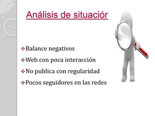 Análisis de situación
Balance negativos
Web con poca interacción
No publica con regularidad
Pocos seguidores en las redes
 