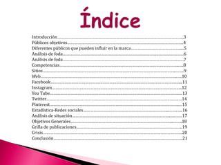 Introducción………………………………………………………………………………………………..3
Públicos objetivos………………………………………………………………………………………..4
Diferentes públicos que pueden influir en la marca…………………………………….....5
Análisis de foda……………………………………………………………………………………………6
Análisis de foda……………………………………………………………………………………………7
Competencias…………………………………………………………………………………………..….8
Sitios……………………………………………………………………………………………………..…….9
Web………………………………………………………………………………………………………..….10
Facebook……………………………………………………………………………………………….…...11
Instagram…………………………………………………………………………………………………..12
You Tube………………………………………………………………………………………………….…13
Twitter…………………………………………………………………………………………………….…14
Pinterest………………………………………………………………………………………………….…15
Estadística-Redes sociales………………………………………………………………...…….…..16
Análisis de situación…………………………………………………………………………..….……17
Objetivos Generales……………………………………………………………………………...…….18
Grilla de publicaciones………………………………………………………………………………..19
Crisis………………………………………………………………………………………………………….20
Conclusión………………………………………………………………………………………………….21
 