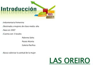 Indumentaria Femenina
Destinada a mujeres de clase media-alta
Nace en 2007
Cuenta con 3 locales
Palermo Soho
Paseo Alcorta
Galería Pacifica
Busca valorizar la actitud de la mujer
LAS OREIRO
 