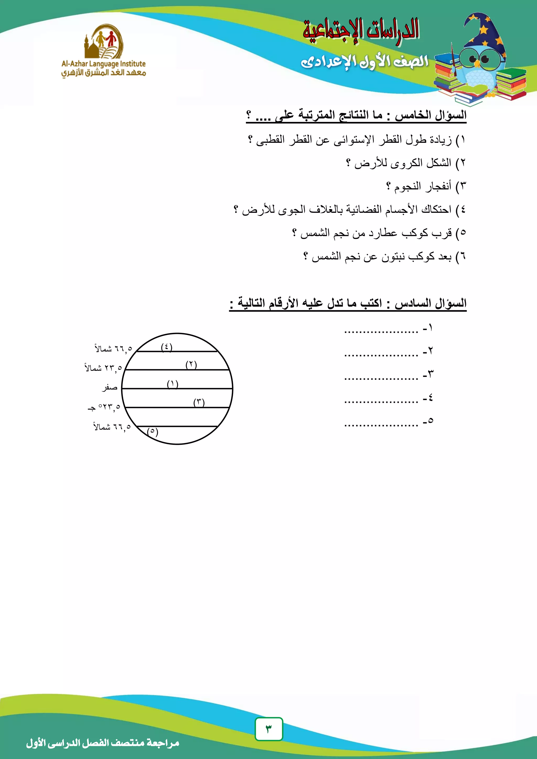 3
‫منتصف‬ ‫مراجعة‬‫األول‬ ‫الدراسى‬ ‫الفصل‬
‫؟‬ .... ‫على‬ ‫المترتبة‬ ‫النتائج‬ ‫ما‬ : ‫الخامس‬ ‫السؤال‬
1‫ا‬ ‫طول‬ ‫زيادة‬ )‫؟‬ ‫القطبى‬ ‫القطر‬ ‫عن‬ ‫اإلستوائى‬ ‫لقطر‬
2‫؟‬ ‫لألرض‬ ‫الكروى‬ ‫الشكل‬ )
3‫؟‬ ‫النجوم‬ ‫أنفجار‬ )
4‫احتكاك‬ )‫؟‬ ‫لألرض‬ ‫الجوى‬ ‫بالغالف‬ ‫الفضائية‬ ‫األجسام‬
5‫عطارد‬ ‫كوكب‬ ‫قرب‬ )‫من‬‫؟‬ ‫الشمس‬ ‫نجم‬
6‫؟‬ ‫الشمس‬ ‫نجم‬ ‫عن‬ ‫نبتون‬ ‫كوكب‬ ‫بعد‬ )
: ‫التالية‬ ‫األرقام‬ ‫عليه‬ ‫تدل‬ ‫ما‬ ‫اكتب‬ : ‫السادس‬ ‫السؤال‬
1-....................
2-....................
3-....................
4-....................
5-....................
(1)
(4)
(2)
(3)
(5)
66,5ً‫ال‬‫شما‬
23,5ً‫ال‬‫شما‬
‫صفر‬
23,5‫جـ‬
66,5ً‫ال‬‫شما‬
 