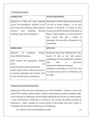 S.V. INSTITUTE OF MANAGEMENT, KADI 25
2.3 Brandveda Analysis:
MARKETING HUMAN RESOURCE
Brandveda do offline and online marketing
such as. Fliers distribution , brochures, events,
cold calling, BTI, Hoarding, referral schemes,
webinars, email marketing, facebook
campaign, blogs, twitter campaign etc.
Brandveda is limited liability partnership firm
and also an startup company , so the staff
members of brandveda is 5-6.They are also
coming with different branches of brandveda in
Raipur, Jaipur,Vadodara etc.In short period of
time recently they open a branch in
ahmedabad. The main office of brandveda is in
Gandhinagar.
OPERATION FINANCE
Operation of brandveda includes:
Sales,CRM,HR,Marketing.
CRM includes lead management, feedback
forms and
calls,testimonials,refreshments,transport
facility, referral schemes, follow up classes etc.
to maintain relationship with customer. They
do sales of online course, consulting etc.
Brandveda started from 70,000seed fund. They
spend 1.75 lakh at their both institute
(gandhinagar and ahmedabad).They distribute
their fund as salary,class
management,maintenance,transport,
refreshment ,miscellaneous etc.Till 2017, may
the target average turnover of brandveda will
be 6 lakh.
MARKETING HUMAN RESOURCE
Brandveda do offline and online marketing such as. Fliers distribution , brochures, events, cold
calling, BTI, Hoarding, referral schemes, webinars, email marketing, facebook campaign, blogs,
twitter campaign etc. Brandveda is limited liability partnership firm and also an startup company
, so the staff members of brandveda is 5-6.They are also coming with different branches of
brandveda in , Jaipur, Vadodara etc. In short period of time recently they open a branch in
Ahmedabad. The main office of Brandveda is in Gandhinagar.
 