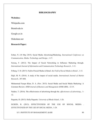 S.V. INSTITUTE OF MANAGEMENT, KADI 80
BIBLIOGRAPHY
Websites:
Wikipedia.com
Brandveda.in
Google.co.in
Slideshare.net
Research Paper:
Esther, N. (18 May 2015). Social Media Advertising/Marketing. International Conference on
Communication, Media, Technology and Design , 1-17.
Farooq, F. (2012). The Impact of Social Networking to Influence Marketing through.
International Journal of Information and Communication Technology Research , 1-11.
Friberg, T. D. (2017). Field of Social Media in Retail. the Field of Social Media in Retail , 1-13.
Hajli, M. N. (2014). A study of the impact of social media. International Journal of Market
Research , 387-404.
Mohammad Furqan Khan, D. A. (Nov. 2015). Social Media and Social Media Marketing: A
Literature Review. IOSR Journal of Business and Management (IOSR-JBM) , 12-15.
Naidoo, T. (2014). The effectiveness of advertising through the. effectiveness of advertising , 1-
12.
Paquette, H. (2013). Holly Paquette. University of Rhode Island , 1-26.
SCHEIN, R. (2013). EFFECTIVENESS OF THE USE OF SOCIAL MEDIA .
EFFECTIVENESS OF THE USE OF SOCIAL MEDIA , 1-24.
 