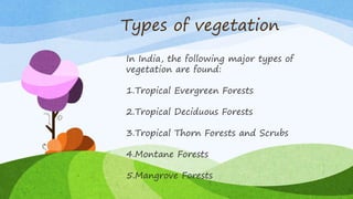 Types of vegetation
In India, the following major types of
vegetation are found:
1.Tropical Evergreen Forests
2.Tropical Deciduous Forests
3.Tropical Thorn Forests and Scrubs
4.Montane Forests
5.Mangrove Forests
 