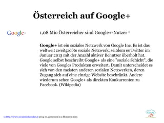 Österreich auf Google+
1,08 Mio Österreicher sind Google+-Nutzer 1)
Google+ ist ein soziales Netzwerk von Google Inc. Es ist das
weltweit zweitgrößte soziale Netzwerk, seitdem es Twitter im
Januar 2013 mit der Anzahl aktiver Benutzer überholt hat.
Google selbst beschreibt Google+ als eine "soziale Schicht", die
viele von Googles Produkten erweitert. Damit unterscheidet es
sich von den meisten anderen sozialen Netzwerken, deren
Zugang sich auf eine einzige Website beschränkt. Andere
wiederum sehen Google+ als direkten Konkurrenten zu
Facebook. (Wikipedia)

1) http://www.socialmediaradar.at 2014-01, gemessen in 2 Monaten 2013

 