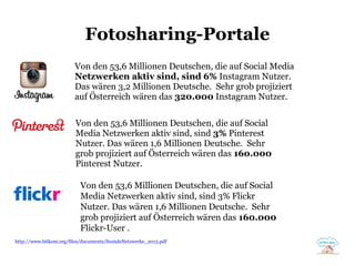 Fotosharing-Portale
Von den 53,6 Millionen Deutschen, die auf Social Media
Netzwerken aktiv sind, sind 6% Instagram Nutzer.
Das wären 3,2 Millionen Deutsche. Sehr grob projiziert
auf Österreich wären das 320.000 Instagram Nutzer.
Von den 53,6 Millionen Deutschen, die auf Social
Media Netzwerken aktiv sind, sind 3% Pinterest
Nutzer. Das wären 1,6 Millionen Deutsche. Sehr
grob projiziert auf Österreich wären das 160.000
Pinterest Nutzer.
Von den 53,6 Millionen Deutschen, die auf Social
Media Netzwerken aktiv sind, sind 3% Flickr
Nutzer. Das wären 1,6 Millionen Deutsche. Sehr
grob projiziert auf Österreich wären das 160.000
Flickr-User .
http://www.bitkom.org/files/documents/SozialeNetzwerke_2013.pdf

 