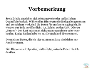 Vorbemerkung
Social Media entziehen sich seltsamerweise der verlässlichen
Quantifizierbarkeit. Während im Hintergrund ständig alles gemessen
und gespeichert wird, sind die Daten für uns kaum zugänglich. Es
werden nur Teile veröffentlicht, v.a. Zahlen zu den USA. Oder zu
„Europa“- den Rest muss man sich zusammenreimen oder teuer
kaufen. Einige Zahlen habe ich aus Deutschland übernommen.
Die meisten Daten, die ich hier zusammenfasse sind daher nur
Annäherungen.
Für Hinweise auf objektive, verlässliche, aktuelle Daten bin ich
dankbar.

 