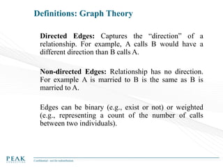 Definitions: Graph Theory
Directed Edges: Captures the “direction” of a
relationship. For example, A calls B would have a
different direction than B calls A.
Non-directed Edges: Relationship has no direction.
For example A is married to B is the same as B is
married to A.
Edges can be binary (e.g., exist or not) or weighted
(e.g., representing a count of the number of calls
between two individuals).

Confidential - not for redistribution

 