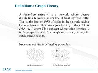 Definitions: Graph Theory
A scale-free network is a network whose degree
distribution follows a power law, at least asymptotically.
That is, the fraction P(K) of nodes in the network having
k connections to other nodes goes for large values of k as
P(K) ~ K-Y where Y is a constant whose value is typically
in the range 2 < Y < 3, although occasionally it may lie
outside these bounds.
Node connectivity is defined by power law.

Confidential - not for redistribution

 