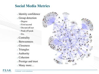 Social Media Metrics
Identity confidence
o Group detection
o

•

Degree
• First/second
• On-net/off-net
• Peak/off-peak
• Etc.

Centrality
o Betweenness
o Closeness
o Triangles
o Authority
o Cohesion
o Prestige and trust
o Many more…
o

Confidential - not for redistribution

 