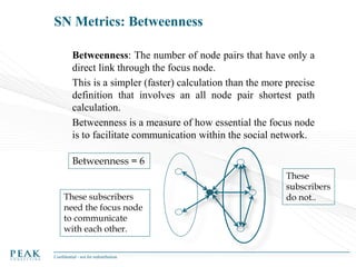 SN Metrics: Betweenness
Betweenness: The number of node pairs that have only a
direct link through the focus node.
This is a simpler (faster) calculation than the more precise
definition that involves an all node pair shortest path
calculation.
Betweenness is a measure of how essential the focus node
is to facilitate communication within the social network.
Betweenness = 6
These subscribers
need the focus node
to communicate
with each other.
Confidential - not for redistribution

These
subscribers
do not..

 