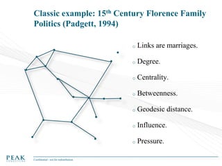 Classic example: 15th Century Florence Family
Politics (Padgett, 1994)
o
o

Degree.

o

Centrality.

o

Betweenness.

o

Geodesic distance.

o

Influence.

o

Confidential - not for redistribution

Links are marriages.

Pressure.

 