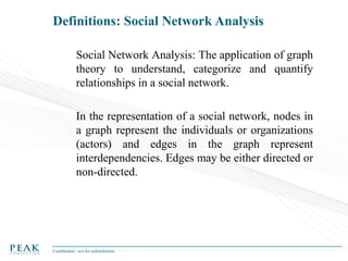 Definitions: Social Network Analysis
Social Network Analysis: The application of graph
theory to understand, categorize and quantify
relationships in a social network.
In the representation of a social network, nodes in
a graph represent the individuals or organizations
(actors) and edges in the graph represent
interdependencies. Edges may be either directed or
non-directed.

Confidential - not for redistribution

 