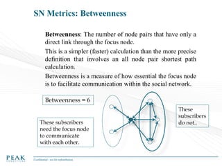 SN Metrics: Betweenness
Betweenness: The number of node pairs that have only a
direct link through the focus node.
This is...