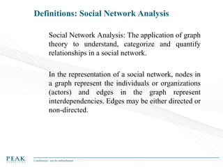 Definitions: Social Network Analysis
Social Network Analysis: The application of graph
theory to understand, categorize an...