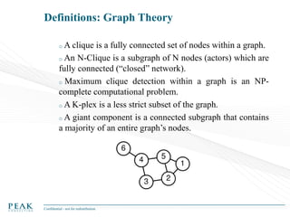 Definitions: Graph Theory
A clique is a fully connected set of nodes within a graph.
o An N-Clique is a subgraph of N nodes (actors) which are
fully connected (“closed” network).
o Maximum clique detection within a graph is an NPcomplete computational problem.
o A K-plex is a less strict subset of the graph.
o A giant component is a connected subgraph that contains
a majority of an entire graph’s nodes.
o

Confidential - not for redistribution

 