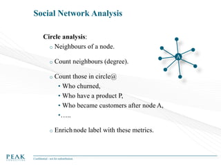 Social Network Analysis
Circle analysis:
o Neighbours of a node.
o

Count neighbours (degree).

o

Count those in circle@
• Who churned,
• Who have a product P,
• Who became customers after node A,
• …..

o

Enrich node label with these metrics.

Confidential - not for redistribution

A

 