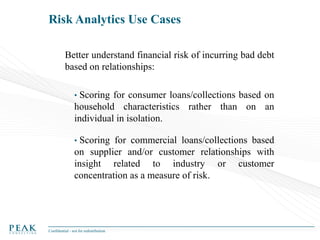 Risk Analytics Use Cases
Better understand financial risk of incurring bad debt
based on relationships:
•

Scoring for consumer loans/collections based on
household characteristics rather than on an
individual in isolation.
•

Scoring for commercial loans/collections based
on supplier and/or customer relationships with
insight related to industry or customer
concentration as a measure of risk.

Confidential - not for redistribution

 