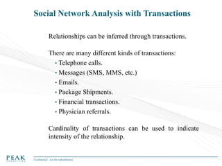 Social Network Analysis with Transactions
Relationships can be inferred through transactions.
There are many different kinds of transactions:
• Telephone calls.
• Messages (SMS, MMS, etc.)
• Emails.
• Package Shipments.
• Financial transactions.
• Physician referrals.
Cardinality of transactions can be used to indicate
intensity of the relationship.

Confidential - not for redistribution

 