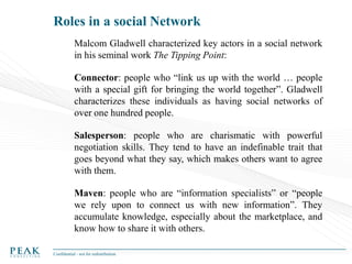 Roles in a social Network
Malcom Gladwell characterized key actors in a social network
in his seminal work The Tipping Point:

Connector: people who “link us up with the world … people
with a special gift for bringing the world together”. Gladwell
characterizes these individuals as having social networks of
over one hundred people.
Salesperson: people who are charismatic with powerful
negotiation skills. They tend to have an indefinable trait that
goes beyond what they say, which makes others want to agree
with them.
Maven: people who are “information specialists” or “people
we rely upon to connect us with new information”. They
accumulate knowledge, especially about the marketplace, and
know how to share it with others.
Confidential - not for redistribution

 