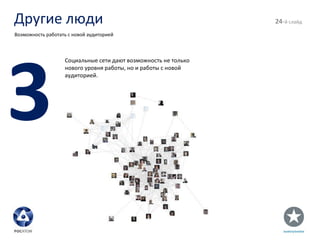 Другие люди - й слайд Возможность работать с новой аудиторией 3 Социальные сети дают возможность не только нового уровня работы, но и работы с новой аудиторией. 