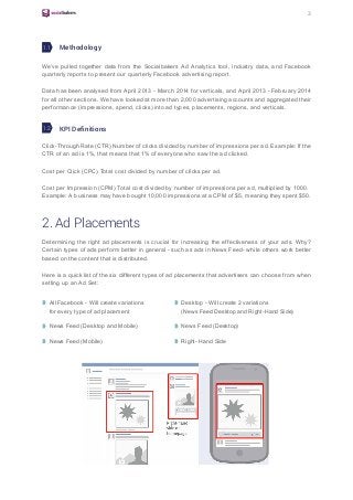 3
Methodology
KPI Definitions
We’ve pulled together data from the Socialbakers Ad Analytics tool, industry data, and Facebook
quarterly reports to present our quarterly Facebook advertising report.
Data has been analysed from April 2013 - March 2014 for verticals, and April 2013 - February 2014
for all other sections. We have looked at more than 2,000 advertising accounts and aggregated their
performance (impressions, spend, clicks) into ad types, placements, regions, and verticals.
Click-Through Rate (CTR) Number of clicks divided by number of impressions per ad. Example: If the
CTR of an ad is 1%, that means that 1% of everyone who saw the ad clicked.
Cost per Click (CPC) Total cost divided by number of clicks per ad.
Cost per Impression (CPM) Total cost divided by number of impressions per ad, multiplied by 1000.
Example: A business may have bought 10,000 impressions at a CPM of $5, meaning they spent $50.
Determining the right ad placements is crucial for increasing the effectiveness of your ads. Why?
Certain types of ads perform better in general - such as ads in News Feed- while others work better
based on the content that is distributed.
Here is a quick list of the six different types of ad placements that advertisers can choose from when
setting up an Ad Set:
All Facebook - Will create variations
for every type of ad placement
Desktop - Will create 2 variations
(News Feed Desktop and Right-Hand Side)
News Feed (Desktop and Mobile) News Feed (Desktop)
News Feed (Mobile) Right- Hand Side
2. Ad Placements
1.2
1.1
 