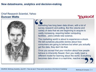 McKinsey & Company |
Chief Research Scientist, Yahoo
Duncan Watts
New datastreams, analytics and decision-making
Marketing...