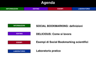 Agenda SOCIAL BOOKMARKING: definizioni IINFORMAZIONI LABORATORIO EDITING ESEMPI INFORMAZIONI EDITING LABORATORIO ESEMPI DELICIOUS: Come si lavora Esempi di Social Bookmarking scientifici Laboratorio pratico 