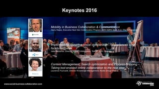 Keynotes 2016
Mobility in Business Collaboration & Communication
Harry Heijes, Executive Next Gen Collaboration Program, ABN AMRO Bank N.V./ The Netherlands
Content Management, Search optimization and Process-Mapping –
Taking tool-enabled online collaboration to the next step
Laurence Fourcade, Director Knowledge Management, Keolis Group/ France
Implementing disruptive social collaboration – experiences with
facebook@work
John Alphonse, Director Global Collaboration, Telenor ASA / Norway
www.social-business-collaboration.com
 