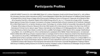 Participants Profiles
● MEYER WERFT GmbH & Co. KG ● ABN AMRO Bank N.V. ● Airbus Operations GmbH ● ALDI Einkauf GmbH & Co. oHG ● Allianz
SE ● Amadeus Germany ● Atos International ● BCD Travel ● Beekeeper ● Bobst Mex SA ● Broadvision ● CallMiner/United Kingdom
● Coloplast A/S ● Colruyt Group ● Colygon AG ● Communardo Software ● Council of Europe ● D. Swarovski KG ● Deutsche Bahn
AG ● Deutsche Post DHL ● Deutsche Telekom AG ● DONG Energy A/S ● Dr. Ing. h.c. F. Porsche AG ● Engie ● ESA - European
Space Agency ● Europa Park ● European Commission ● European Investment Bank ● Evonik Industries AG ● Frankfurter Volksbank
EG ● Hella KGaA Hueck & Co. ● Hendrix Genetics ● Holcim Technology Ltd. ● hololux GmbH ● Hunkemöller International Bv ● IKEA
of Sweden AB ● Inditex ● Infocentric Research AG ● Inter IKEA Systems BV ● International Committee of the Red Cross (ICRC) ●
International Criminal Court ● Jalios ● Japan Tobacco International ● Jive Software ● K+S Aktiengesellschaft ● Kaltura Inc. ● KBC
Financial Products ● Kemira Oyj ● Keolis ● Landis+Gyr AG ● LastMile Technologies ● LEGO System A/S ● Leipziger Stadtholding ●
Leroy Merlin, S.A. ● Lidl Stiftung & Co. KG ● Liechtensteinische Landesbank AG ● Mettler Toledo International Inc. ● mindsmash
GmbH ● Nilfisk A/S ● NN Group ● Nordic Investment Bank ● novaCapta GmbH ● Omicron Electronics GmbH ● One World Doctors ●
Otto GmbH & Co KG ● PAUL HARTMANN AG ● Port of Antwerp Authority ● Productive Mobile AWSM GmbH ● PULS GmbH ●
PulseShift GmbH ● PwC ● queryNow GmbH ● real,- SB Warenhaus GmbH ● Repsol ● RightPoint ● Robeco N.V ● Royal DSM N.V. ●
Schneider Electric SA / France ● Sennheiser electronic GmbH & Co.KG ● SharePoint Community ● Social Collaboration for Dummies
● SODEXO ● Sweco AB ● Swisscom AG ● Syngenta International AG ● Technische Universität Bergakademie Freiberg ● Telenor
ASA Group ● Trelleborg Sealing Solutions ● Unicredit ● University of Koblenz-Landau ● Videolicious ● Volkswagen Group ● Vorwerk
& Co. KG ● Want2BAPro ●
www.social-business-collaboration.com
 