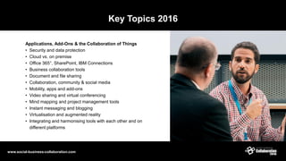 Key Topics 2016
Applications, Add-Ons & the Collaboration of Things
• Security and data protection
• Cloud vs. on premise
• Office 365°, SharePoint, IBM Connections
• Business collaboration tools
• Document and file sharing
• Collaboration, community & social media
• Mobility, apps and add-ons
• Video sharing and virtual conferencing
• Mind mapping and project management tools
• Instant messaging and blogging
• Virtualisation and augmented reality
• Integrating and harmonising tools with each other and on
different platforms
www.social-business-collaboration.com
 