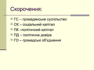 Скорочення:
 ГС – громадянське суспільство
 СК – соціальний капітал
 ПК –політичний капітал
 ПД – політична довіра
 ГО – громадські об’єднання
 