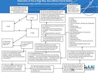 Elaboration of Trip to Paris Blog Story (Means-End & Heider)
                              Woodside,Sood & Miller 2008 When Consumers and Brands Talk Psychology & Marketing
                                                                                                                                      18."We went on Fat
                 17. "I wanted Paige to get a feel                                                                                    Tire's day trip to
                                                                                                                                         +                                19....."I know Paige will
                  for shopping experiences that                                                                                       Monet's gardens and                treasure the memory of
                she would not have at home (aka                                                                                       house in Giverny, about             this girl's trip for many
                      the ubiquitous mall). "                                 16. "On our trip to Giverny, we met a young             an hour outside Paris."+                years to come."
                                                                              woman from Brisbane, Australia who was
                                                                              traveling on her own and we invited her to join
                                                                              us. Three of us enjoyed delicious and
                                                                              innovative soufflés, while Paige had the rack of
                                                       3. Paris
                                                                              lamb. We shared two dessert soufflés, one                   11.Sites
                                 +                                            chocolate and the other cherry/almond. Yum"                 •The Marais
                                                                                                                                          •Notre Dame
                                                                                                                                          •L'Arc de Triomphe - 248 steps up and 248 steps
                                                              +                                                                           down...
      1.Gayle                                                                     15." Michael Osman is an American artists               •Champs Elysee
                                                                                  living in Paris."                                       •Jacquemart Museum
                                                                                  "He supplements his income by being a                   •Louvre Lite
                                 +                                                tour guide." I" found out about him on
                                                                                  Fodors"
                                                                                                                                          •Musee D'Orsay
                                                                                                                                          •Les Invalides, Napoleon's Tomb and the
                                                        2. Paige                  "So I engaged Michael for two days."                    Napoleon Museum
                                                                                                                                          •Sacre Coeur
                                                                                                                                          •Monmartre
                                   +                                              14. "They had decide to come to Paris                   •Rodin Museum
                                                                                   to find the Harley Davidson store so                   •Pompidou Museum
                                                                                   they could buy Harley Paris t-shirts."                 •Train to Vernon, bike to Giverny with Fat Tire
4.”The occasion
                                                                                                                                          Bike Tours
was my cousin                           5. “I am a Canadian
                                                                                                                                          •http://www.fattirebiketoursparis.com/
Paige’s 16th”                           and get by in
                                                                     13."The father stretched out his cupped                              •Eiffel Tower
                                        French.”
                                                                     hands which held all of the pieces they were
                                                                     able to recover, including the memory stick
                                                                     and he very solemnly said, "El muerto...".

6. "All I can say is WOW! We rented a 2                                                                                                9. "I bought a Paris Pratique pocket-sized book at a
bedroom, 1 ½ bath apartment (two                     12. Unforgettable Memories                                                        Metro station. This handy guide has detailed maps
showers), "Merlot" from ParisPerfect                 "This trip had so many memories, but here are a few choice                        of each arrondisement, as well as the metro
http://www.parisperfect.com/ and boy was             highlights........On our very first night, knowing that the Eiffel                lines, the bus lines, the RER and the SCNF (trains).
it ever perfect! "                                   Tower light show started at 10:00 p.m.... she [Paige] dropped                     I'll never be without this again."
                                                     her camera…down 6 flights…we were stunned…Spanish
                                                     Family below standing below *with pieces of the camera+”


7. “We had a full view of the Eiffel from                                                                                     10."Six months before our trip, I gave
our charming little terrace. ....We were                      8. "We were walkable to many good                               Paige a couple of good guide books on
within walking distance to two metro                          bistros, cafes and bakeries and only a                          Paris and suggested she let me know
stops (Pont d'Alma or Ecole Militaire) "                      few blocks from the wonderful market
                                                              street Rue Cler."
                                                                                                                                             18
                                                                                                                              what her interests were since after all,
                                                                                                                              this was to be her trip."
 