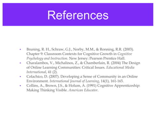 References Bruning, R. H., Schraw, G.J., Norby, M.M., & Ronning, R.R. (2003). Chapter 9: Classroom Contexts for Cognitive Growth in  Cognitive Psychology and Instruction . New Jersey: Pearson Prentice Hall.  Charalambos, V., Michalinos, Z., & Chamberlain, R. (2004) The Design of Online Learning Communities: Critical Issues.  Educational Media International , 41 (2).  Colachico, D. (2007). Developing a Sense of Community in an Online Environment.  International Journal of Learning , 14(1), 161-165.  Collins, A., Brown, J.S., & Holum, A. (1991) Cognitive Apprenticeship: Making Thinking Visible.  American Educator . 