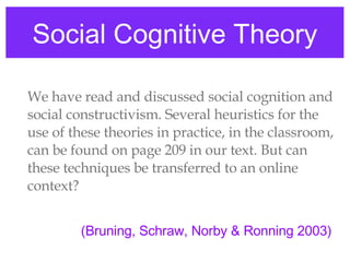 Social Cognitive Theory We have read and discussed social cognition and social constructivism. Several heuristics for the use of these theories in practice, in the classroom, can be found on page 209 in our text. But can these techniques be transferred to an online context? (Bruning, Schraw, Norby & Ronning 2003) 