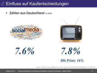 Einfluss auf Kaufentscheidungen

 Zahlen aus Deutschland n=1618




          7.6%                                                         7.8%
                                                                       Mit Print: 16%
                                      Quelle: «German Social Media Consumer Report 2012/2013» Roland Berger / Uni Münster

8-März-2013   Internet-Briefing E-Commerce Konferenz: Social Commerce - Malte Polzin                               4
 