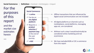 10
For the
purposes
of this
report
and the
market size
estimates
herein
…
Social Commerce:
✓ Is online
✓ Can be on
any digital
platform
✓ Requires a
product
selection /
payment step
at the end of
the user
journey
✓ Is B2C
• Offline transactions that are influenced by
digital social communication are not included
• All digital platforms or channels such as
marketplaces, social platforms, messaging
apps etc. are considered
• Without such a step it would technically be
considered online marketing and not
ecommerce
• We have excluded B2B or C2C e-commerce
from this report
Social Commerce | Definition > Context > Archetypes > Impact
 