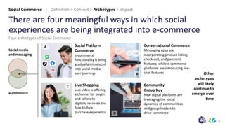 12
There are four meaningful ways in which social
experiences are being integrated into e-commerce
Social Platform
Commerce
e-commerce
functionality is being
gradually introduced
into social media
user journeys
Live Shopping
Live video is offering
a channel for buyers
and sellers to
digitally recreate the
face-to-face
purchase experience
Conversational Commerce
Messaging apps are
incorporating product listing,
check-out, and payment
features; while e-commerce
platforms are introducing live-
chat features
Community
Group Buy
New digital platforms are
leveraging the social
dynamics of communities
and group leaders to
drive commerce
Social media
and messaging
e-commerce
Other
archetypes
will likely
continue to
emerge over
time
Four archetypes of Social Commerce
A
C
B
D
Social Commerce | Definition > Context > Archetypes > Impact
 