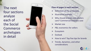 18
The next
four sections
analyze
each of
the Social
Commerce
archetypes
in detail
Flow of pages in each section:
➢ Definition of the archetype
➢ Illustrative example
➢ Why should brands and retailers
care? Commercial business case
➢ Market size
➢ P&L economics for sellers
➢ Ecosystem
➢ Outlook
➢ How to win? Top five tips for brands
➢ Trends, dynamics, and other
considerations
 