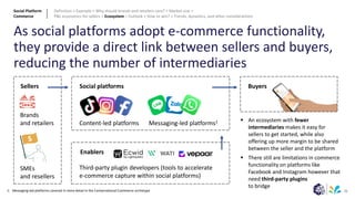 26
As social platforms adopt e-commerce functionality,
they provide a direct link between sellers and buyers,
reducing the number of intermediaries
Buyers
Messaging-led platforms1
Social platforms
Brands
and retailers
Sellers
Content-led platforms ▪ An ecosystem with fewer
intermediaries makes it easy for
sellers to get started, while also
offering up more margin to be shared
between the seller and the platform
▪ There still are limitations in commerce
functionality on platforms like
Facebook and Instagram however that
need third-party plugins
to bridge
Enablers
Third-party plugin developers (tools to accelerate
e-commerce capture within social platforms)
SMEs
and resellers
1: Messaging-led platforms covered in more detail in the Conversational Commerce archetype
Social Platform
Commerce
Definition > Example > Why should brands and retailers care? > Market size >
P&L economics for sellers > Ecosystem > Outlook > How to win? > Trends, dynamics, and other considerations
 