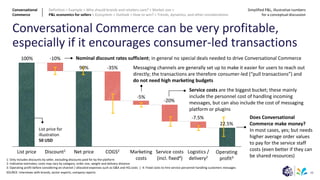 39
Conversational Commerce can be very profitable,
especially if it encourages consumer-led transactions
SOURCE: Interviews with brands, sector experts; company reports
Service costs
(incl. fixed4)
Net price
Discount1
List price Logistics /
delivery2
Marketing
costs
COGS2
-10%
100%
List price for
illustration
50 USD
-35%
-5%
-20%
-7.5%
22.5%
Messaging channels are generally set up to make it easier for users to reach out
directly; the transactions are therefore consumer-led (“pull transactions”) and
do not need high marketing budgets
Nominal discount rates sufficient; in general no special deals needed to drive Conversational Commerce
Service costs are the biggest bucket; these mainly
include the personnel cost of handling incoming
messages, but can also include the cost of messaging
platform or plugins
Does Conversational
Commerce make money?
In most cases, yes; but needs
higher average order values
to pay for the service staff
costs (even better if they can
be shared resources)
90%
1: Only includes discounts by seller, excluding discounts paid for by the platform
2: Indicative estimates; costs may vary by category, order size, weight and delivery distance
3: Operating profit before considering ex-channel / allocated expenses such as G&A and HQ costs | 4: Fixed costs to hire service personnel handling customers messages
Operating
profit3
Conversational
Commerce
Definition > Example > Why should brands and retailers care? > Market size >
P&L economics for sellers > Ecosystem > Outlook > How to win? > Trends, dynamics, and other considerations
Simplified P&L, illustrative numbers
for a conceptual discussion
 
