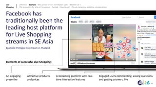 49
Facebook has
traditionally been the
leading host platform
for Live Shopping
streams in SE Asia
Example: Pimrypie live stream in Thailand
Elements of successful Live Shopping:
An engaging
presenter
Attractive products
and prices
A streaming platform with real-
time interactive features
Engaged users commenting, asking questions
and getting answers, live
Live
Shopping
Definition > Example > Why should brands and retailers care? > Market size >
P&L economics for sellers > Ecosystem > Outlook > How to win? > Trends, dynamics, and other considerations
 