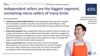 60
Independent sellers are the biggest segment,
containing micro-sellers of many kinds
Estimated share of live-
shopping purchases from
independent
micro-sellers1
40%
Key characteristics:
▪ Limited merchandise differentiation: Most independent sellers get their products
from wholesalers, including many from cross-border sites like AliExpress. They
respond quickly to trends, so their assortment tends to change rapidly and coalesce
fast as they replicate.
▪ Hustle and creativity: Many independent sellers also operate shops on Shopee and
Lazada, and started live selling to differentiate themselves. They drive engagement
with improvised games and audience outreach, and find creative ways to overcome
platforms’ limitations, e.g. sellers with mature audiences at times encourage their
buyers to ask their kids to help make the payment.
▪ Focus on community: Most independent sellers stream almost daily.
While audience sizes vary a lot, they rely heavily on a small set of regulars
who tune in often and buy from time to time. As a result, many of them
put significant effort into building relationships with regular viewers.
1: Indicative estimate based on end-user surveys and expert interviews
Live
Shopping
Definition > Example > Why should brands and retailers care? > Market size >
P&L economics for sellers > Ecosystem > Outlook > How to win? > Trends, dynamics, and other considerations
 