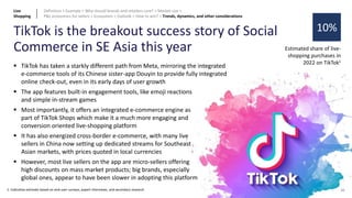 65
TikTok is the breakout success story of Social
Commerce in SE Asia this year
10%
Estimated share of live-
shopping purchases in
2022 on TikTok1
▪ TikTok has taken a starkly different path from Meta, mirroring the integrated
e-commerce tools of its Chinese sister-app Douyin to provide fully integrated
online check-out, even in its early days of user growth
▪ The app features built-in engagement tools, like emoji reactions
and simple in-stream games
▪ Most importantly, it offers an integrated e-commerce engine as
part of TikTok Shops which make it a much more engaging and
conversion oriented live-shopping platform
▪ It has also energized cross-border e-commerce, with many live
sellers in China now setting up dedicated streams for Southeast
Asian markets, with prices quoted in local currencies
▪ However, most live sellers on the app are micro-sellers offering
high discounts on mass market products; big brands, especially
global ones, appear to have been slower in adopting this platform
1: Indicative estimate based on end-user surveys, expert interviews, and secondary research
Live
Shopping
Definition > Example > Why should brands and retailers care? > Market size >
P&L economics for sellers > Ecosystem > Outlook > How to win? > Trends, dynamics, and other considerations
 