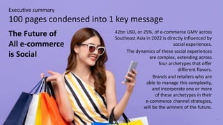 100 pages condensed into 1 key message
Executive summary
The Future of
All e-commerce
is Social
42bn USD, or 25%, of e-commerce GMV across
Southeast Asia in 2022 is directly influenced by
social experiences.
The dynamics of these social experiences
are complex, extending across
four archetypes that offer
different flavors.
Brands and retailers who are
able to manage this complexity,
and incorporate one or more
of these archetypes in their
e-commerce channel strategies,
will be the winners of the future.
7
 