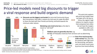73
Price-led models need big discounts to trigger
a viral response and build organic demand
SOURCE: Interviews with brands, sector experts; company reports
Discount1
List price Net price COGS2 Marketing
costs
Platform
fees
Logistics /
delivery2
1: Only includes discounts by seller, excluding discounts paid for by the platform
2: Indicative estimates; costs may vary by category, order size, weight and delivery distance
3: Operating profit before considering ex-channel / allocated expenses such as G&A and HQ costs | 3: Fixed costs to hire service personnel handling customers messages
List price for
illustration
20 USD
-35%
-5%
-5%
-7.5%
60%
-40%
100%
Operating
profit3
7.5%
Discounts are the biggest cost-bucket for price-led Community Group
Buy transactions; they offer a reasons for end users to make the effort
to share the deal with their friends and family, and build towards the
minimum order volume
Marketing costs tend to be low as the deal is
meant to “sell itself”
Platform costs are generally also low, e.g.
80-90% of Pinduoduo revenues from services such as advertising
This point also explains
why price-led models have
not taken off in SE Asia vs.
China; the region’s high
reliance on imports means
that companies here often
do not have the margins
available to offer such
steep discounts
Does Price-led Group Buy
make money? Yes, but only
for products with high room
for discounting, and where
users are driven much more
by prices than brand-affinity
Community
Group Buy
Definition > Example > Why should brands and retailers care? > Market size >
P&L economics for sellers > Ecosystem > Outlook > How to win? > Trends, dynamics, and other considerations
Simplified P&L, illustrative numbers
for a conceptual discussion
 