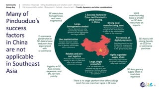 81
Many of
Pinduoduo’s
success
factors
in China
are not
applicable
in Southeast
Asia
Community
Group Buy
Definition > Example > Why should brands and retailers care? > Market size >
P&L economics for sellers > Ecosystem > Outlook > How to win? > Trends, dynamics, and other considerations
 