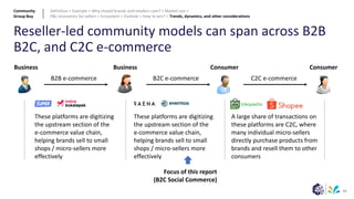 83
Reseller-led community models can span across B2B
B2C, and C2C e-commerce
Business Business Consumer Consumer
B2B e-commerce B2C e-commerce C2C e-commerce
These platforms are digitizing
the upstream section of the
e-commerce value chain,
helping brands sell to small
shops / micro-sellers more
effectively
These platforms are digitizing
the upstream section of the
e-commerce value chain,
helping brands sell to small
shops / micro-sellers more
effectively
A large share of transactions on
these platforms are C2C, where
many individual micro-sellers
directly purchase products from
brands and resell them to other
consumers
Focus of this report
(B2C Social Commerce)
Community
Group Buy
Definition > Example > Why should brands and retailers care? > Market size >
P&L economics for sellers > Ecosystem > Outlook > How to win? > Trends, dynamics, and other considerations
 