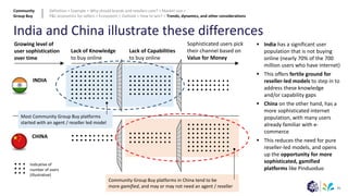 85
India and China illustrate these differences
Growing level of
user sophistication
over time
Lack of Knowledge
to buy online
Lack of Capabilities
to buy online
Sophisticated users pick
their channel based on
Value for Money
Community Group Buy platforms in China tend to be
more gamified, and may or may not need an agent / reseller
INDIA
CHINA
▪ India has a significant user
population that is not buying
online (nearly 70% of the 700
million users who have internet)
▪ This offers fertile ground for
reseller-led models to step in to
address these knowledge
and/or capability gaps
▪ China on the other hand, has a
more sophisticated internet
population, with many users
already familiar with e-
commerce
▪ This reduces the need for pure
reseller-led models, and opens
up the opportunity for more
sophisticated, gamified
platforms like Pinduoduo
Most Community Group Buy platforms
started with an agent / reseller led model
Indicative of
number of users
(illustrative)
Community
Group Buy
Definition > Example > Why should brands and retailers care? > Market size >
P&L economics for sellers > Ecosystem > Outlook > How to win? > Trends, dynamics, and other considerations
 