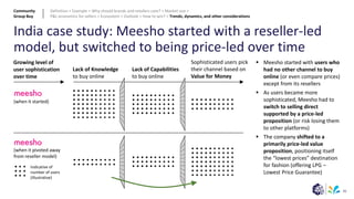 86
India case study: Meesho started with a reseller-led
model, but switched to being price-led over time
Growing level of
user sophistication
over time
Lack of Knowledge
to buy online
Lack of Capabilities
to buy online
Sophisticated users pick
their channel based on
Value for Money
(when it started)
(when it pivoted away
from reseller model)
▪ Meesho started with users who
had no other channel to buy
online (or even compare prices)
except from its resellers
▪ As users became more
sophisticated, Meesho had to
switch to selling direct
supported by a price-led
proposition (or risk losing them
to other platforms)
▪ The company shifted to a
primarily price-led value
proposition, positioning itself
the “lowest prices” destination
for fashion (offering LPG –
Lowest Price Guarantee)
Indicative of
number of users
(illustrative)
Community
Group Buy
Definition > Example > Why should brands and retailers care? > Market size >
P&L economics for sellers > Ecosystem > Outlook > How to win? > Trends, dynamics, and other considerations
 